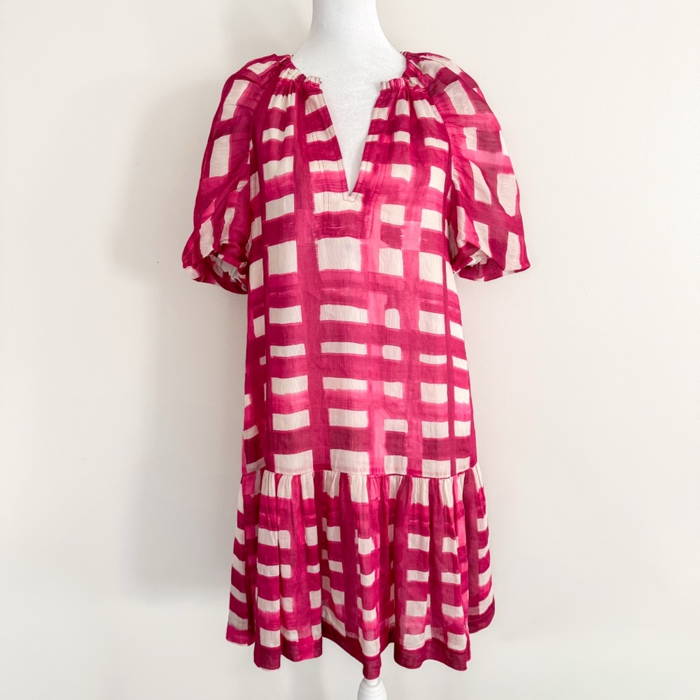Marie Oliver Greta Dress Iris Madras XS Pink Brushstroke Plaid Silk Linen Blend
